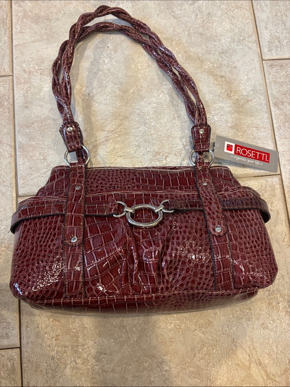 Rosetti Burgundy Croc-Embossed Braided-Handle Shoulder Bag